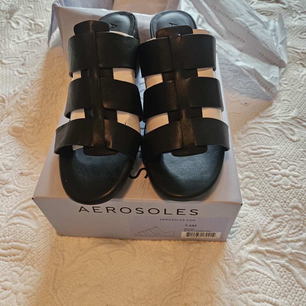 AEROSOLES Black Combo Wedge Sandals
